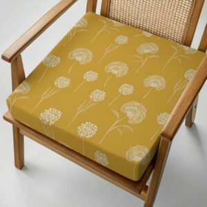 Μαξιλάρι καρέκλας κίτρινο μουσταρδί με σχέδιο λευκά άνθη.