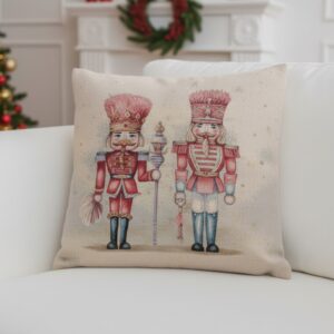 Χριστουγεννιάτικο μαξιλάρι εκρού με κόκκινους καρυοθραύστες.