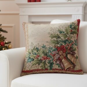 Χριστουγεννιάτικο διακοσμητικό μαξιλάρι με σχέδιο κουδουνιών και γκι.